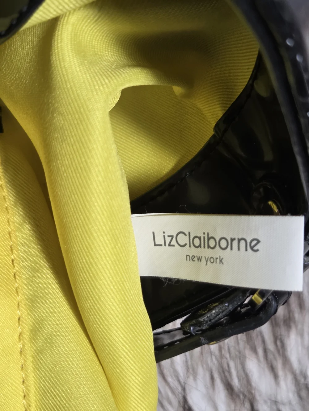 Vintage Liz Claiborne Black Patent Monogram Tote With Yellow Interior Y2K Style